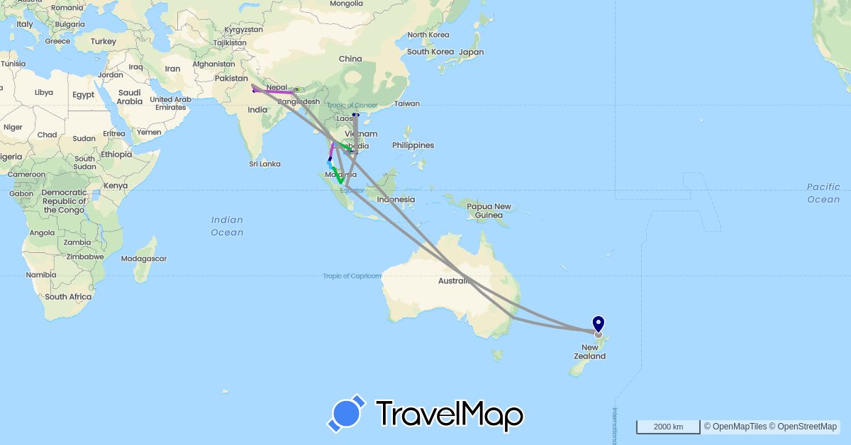 TravelMap itinerary: driving, bus, plane, train, boat, electric vehicle in Australia, Bhutan, India, Cambodia, Malaysia, New Zealand, Singapore, Thailand, Vietnam (Asia, Oceania)