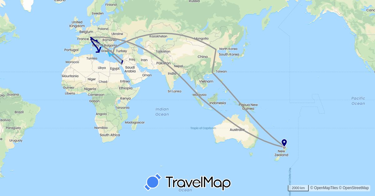 TravelMap itinerary: driving, plane, boat in Switzerland, China, Greece, Croatia, Italy, Jordan, Montenegro, New Zealand, Singapore, Turkey (Asia, Europe, Oceania)